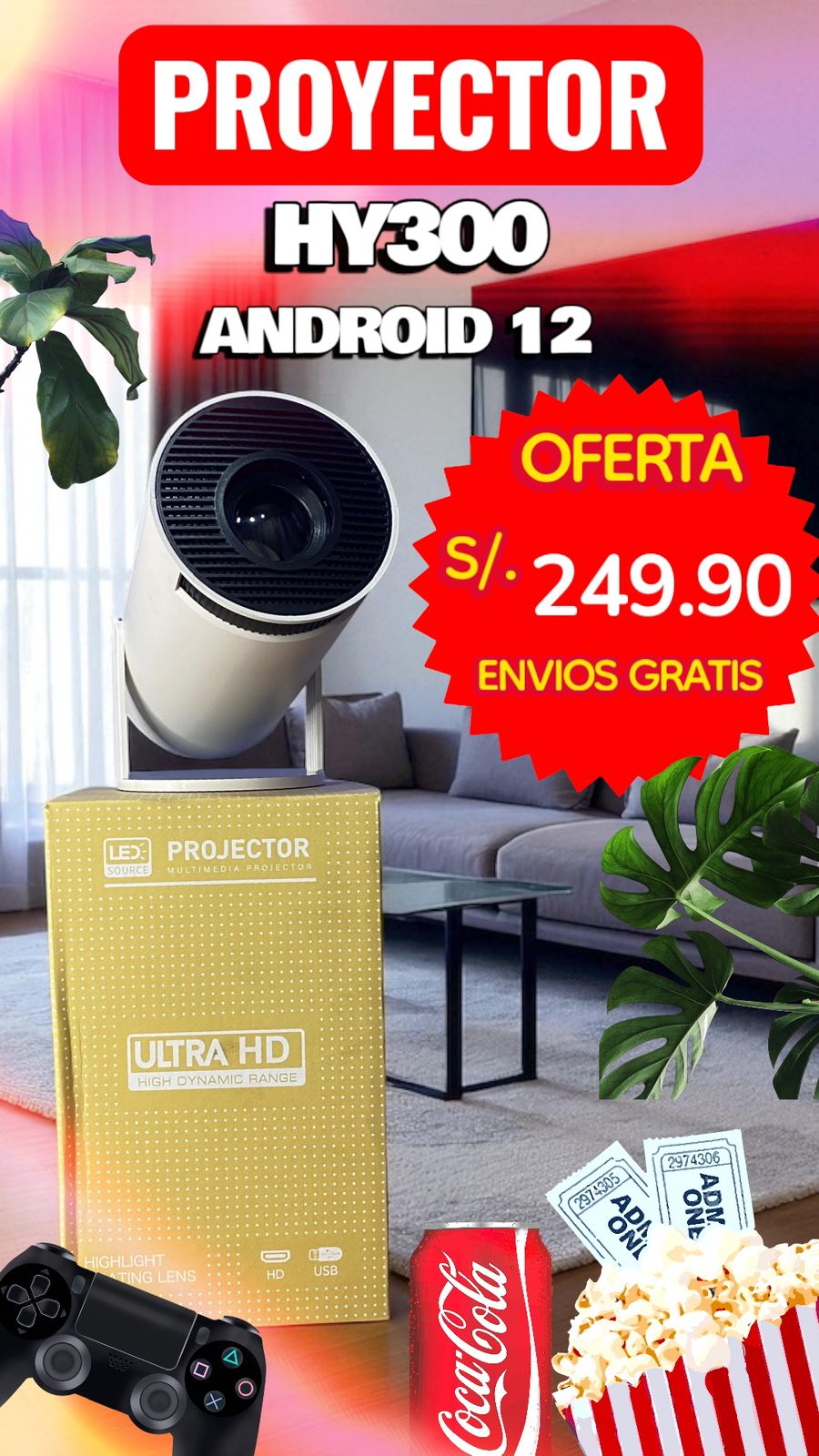 Proyector HY300, con ANDROID 12, USB, WI-FI, HDMI 1080P