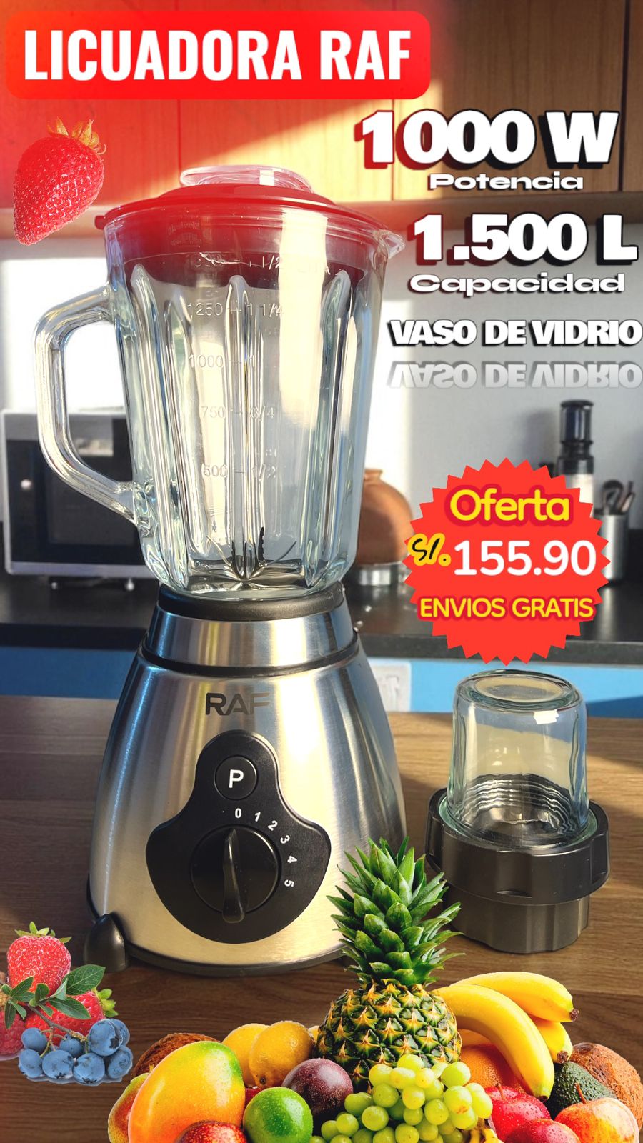 LICUADORA MARCA RAF VIDRIO DE 2 VASOS DE 1000 WTS DE POTENCIA.