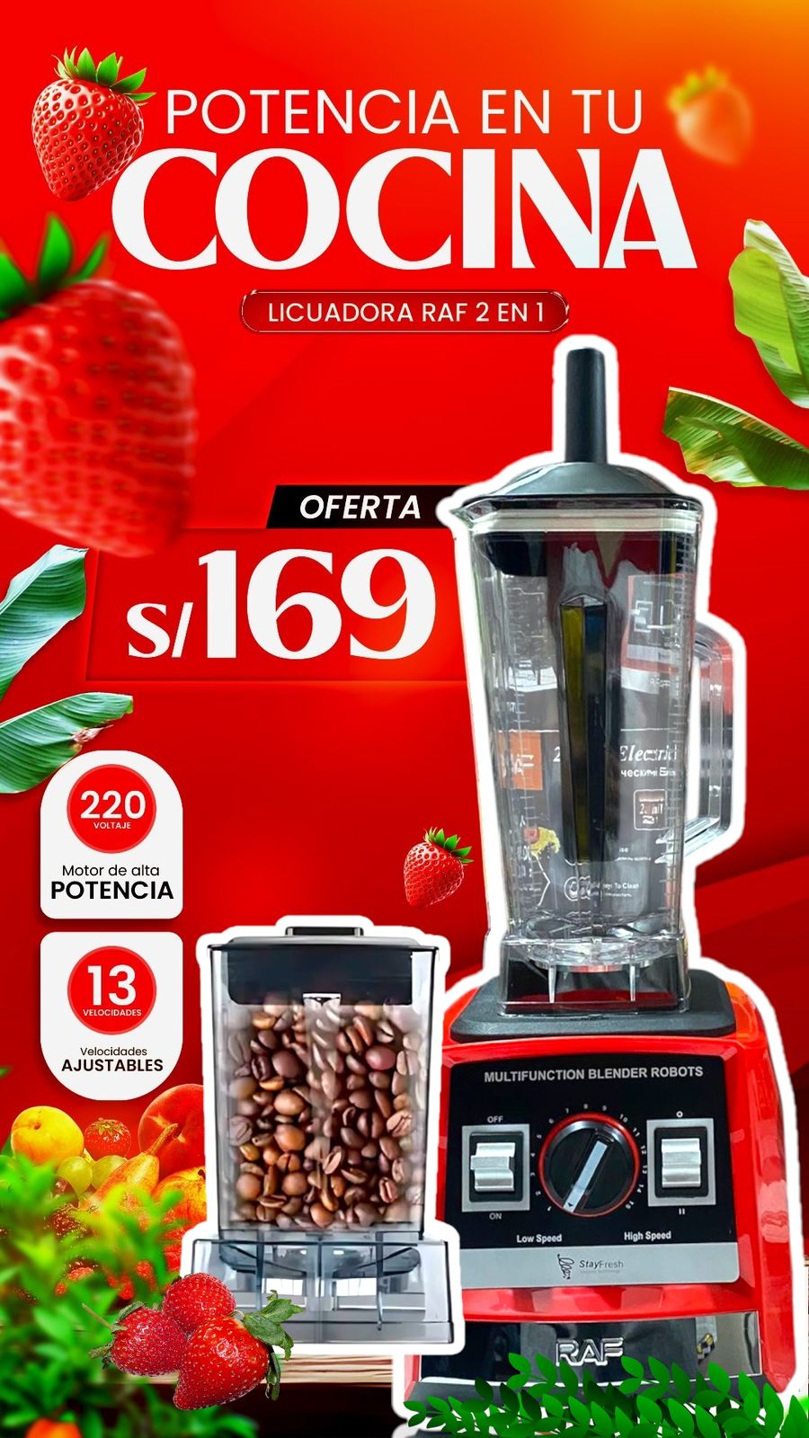 Licuadora RAF de 2800W de potencia 2 en 1 MULTIFUNCIONAL