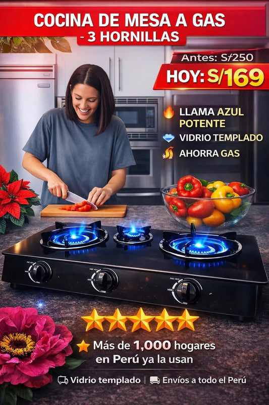 Cocina a Gas con 3 Hornillas vidrio Templado Color Aleatorio